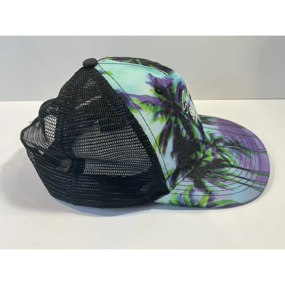 Surfing Skillz Hat H&M Black Trucker Mesh SnapBack Beach Palm Trees Blue Purple